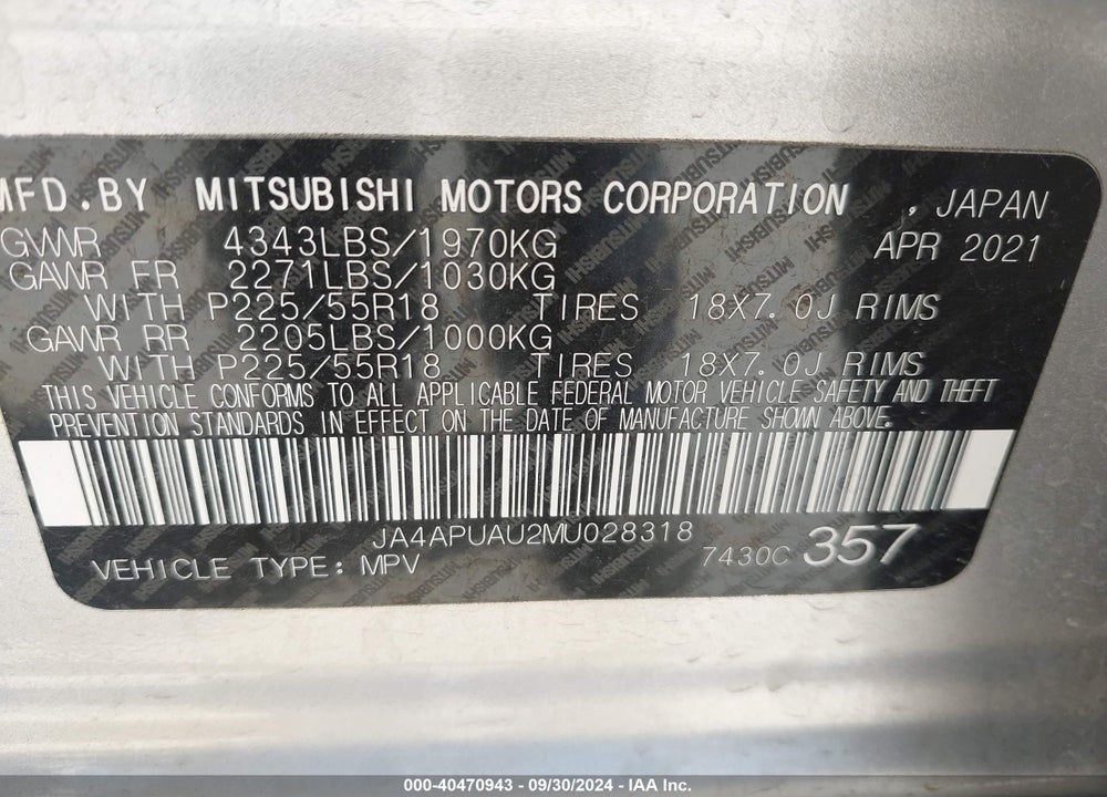 2021 MITSUBISHI OUTLANDER SPORT 2.0 BE 2WD/2.0 ES 2WD/2.0 LE 2WD/2.0 S 2WD VIN: JA4APUAU2MU028318
