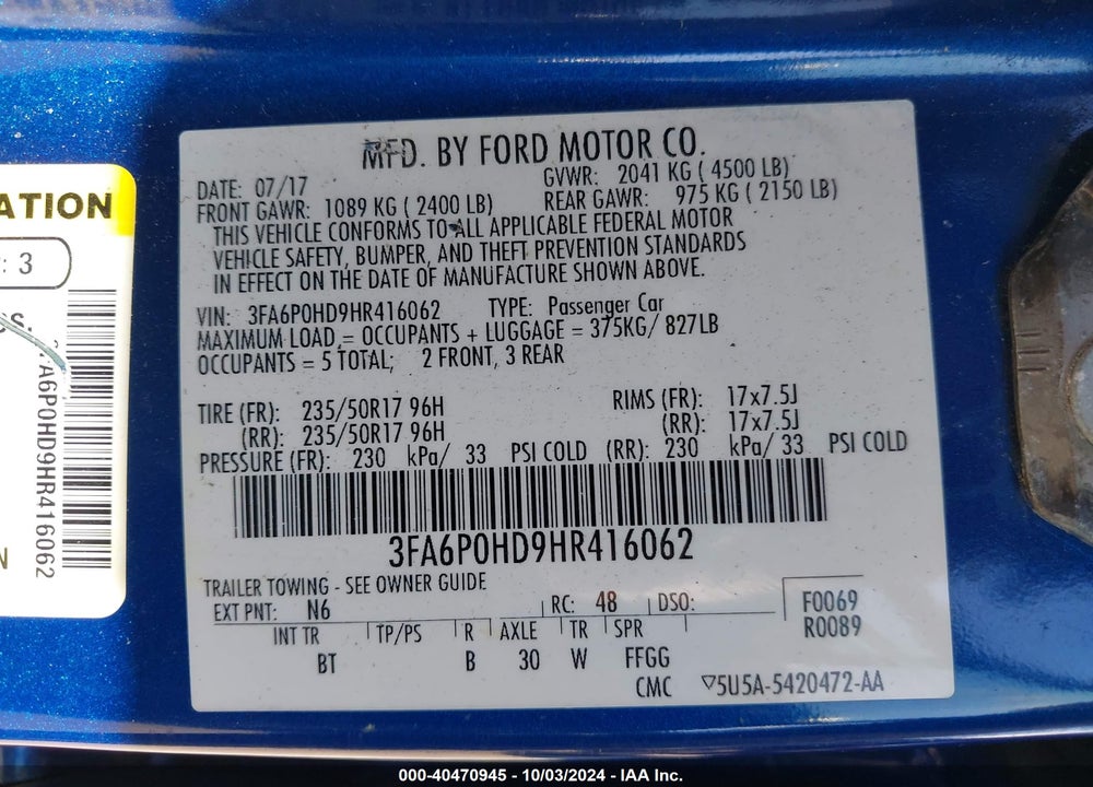 2017 FORD FUSION SE VIN: 3FA6P0HD9HR416062