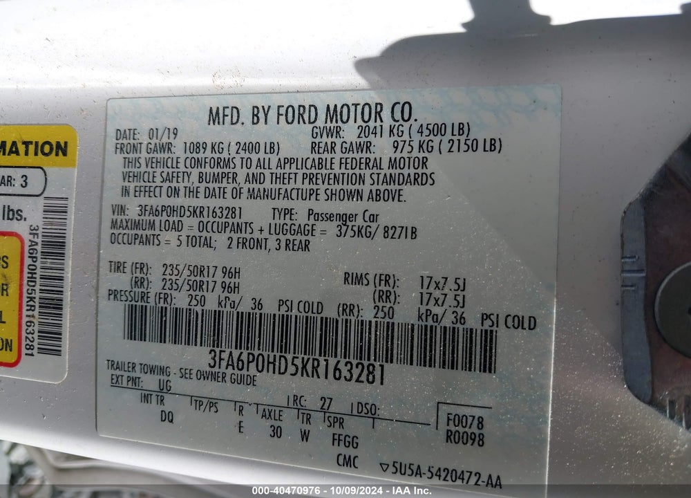 2019 FORD FUSION SE VIN: 3FA6P0HD5KR163281
