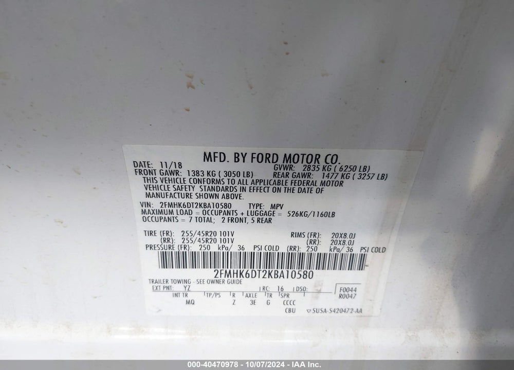 2019 FORD FLEX LIMITED VIN: 2FMHK6DT2KBA10580