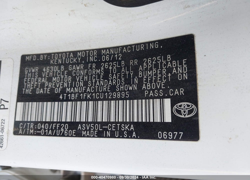 2012 TOYOTA CAMRY SE VIN: 4T1BF1FK1CU129895