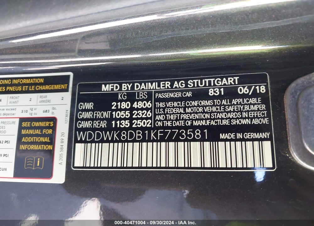 2019 MERCEDES-BENZ C 300 VIN: WDDWK8DB1KF773581