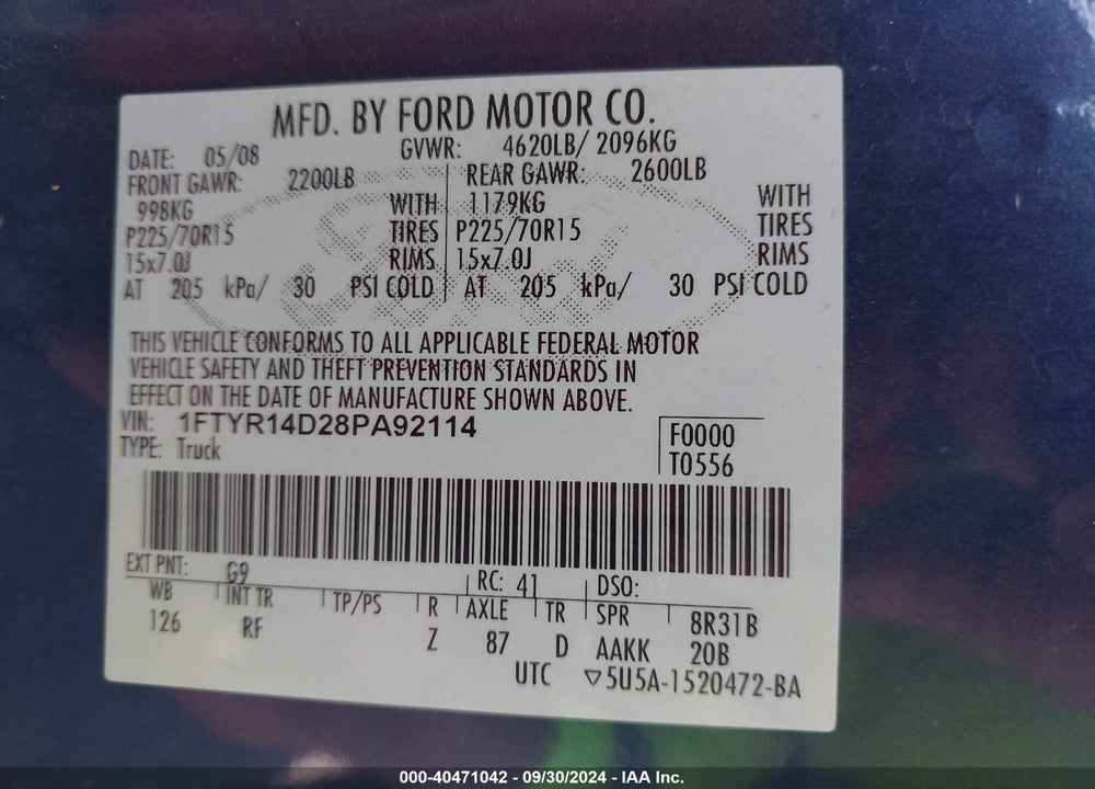 2008 FORD RANGER VIN: 1FTYR14D28PA92114