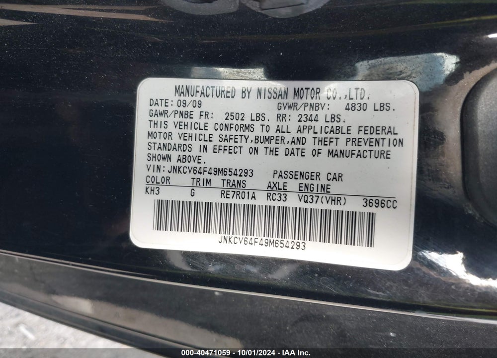 2009 INFINITI G37X VIN: JNKCV64F49M654293