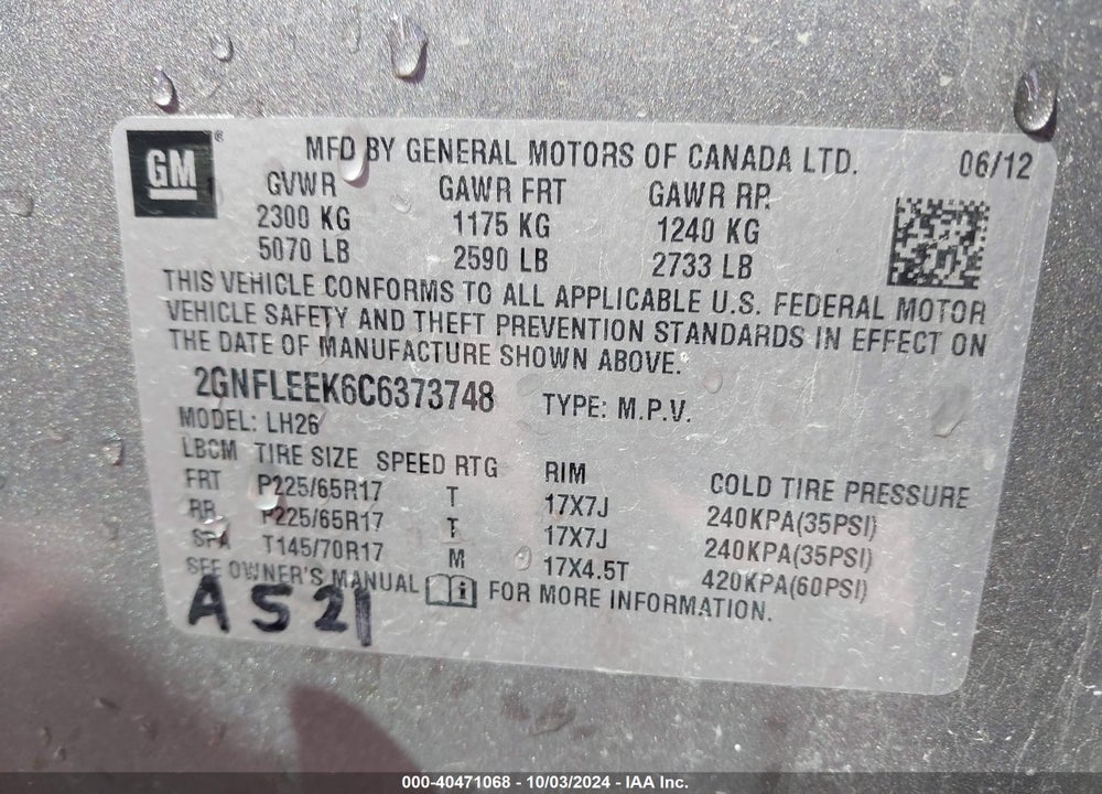 2012 CHEVROLET EQUINOX 1LT VIN: 2GNFLEEK6C6373748
