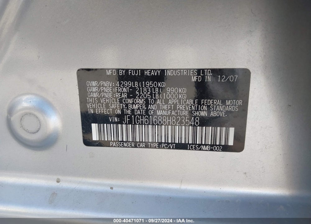 2008 SUBARU IMPREZA 2.5I VIN: JF1GH61688H823548