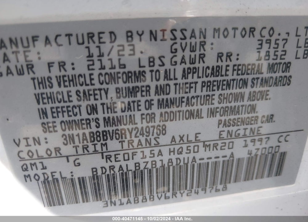 2024 NISSAN SENTRA S XTRONIC CVT VIN: 3N1AB8BV6RY249768