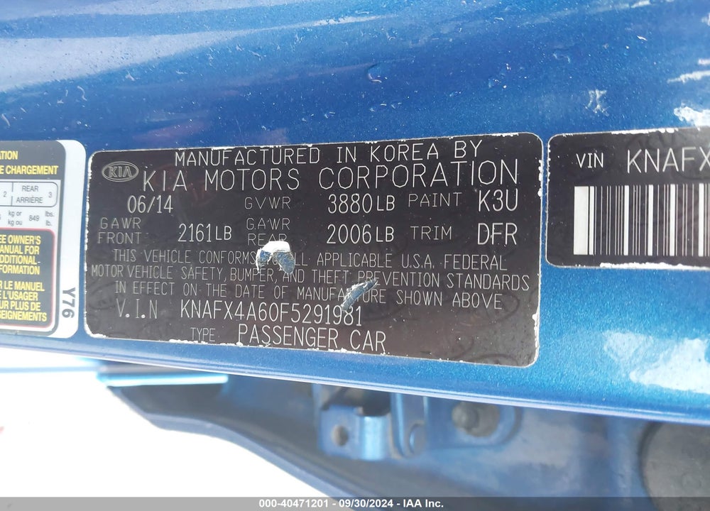 2015 KIA FORTE LX VIN: KNAFX4A60F5291981