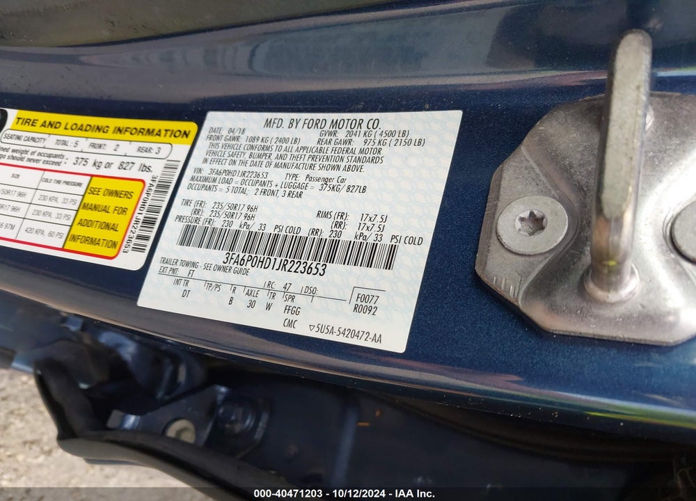 2018 FORD FUSION SE VIN: 3FA6P0HD1JR223653