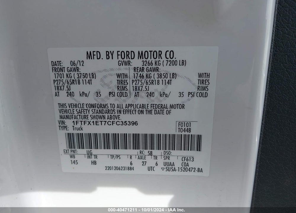 2012 FORD F-150 LARIAT VIN: 1FTFX1ET7CFC35396