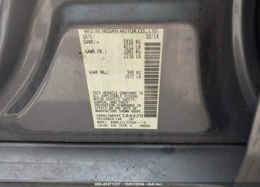 2015 NISSAN ALTIMA 2.5 S VIN: 1N4AL3APXFC184420