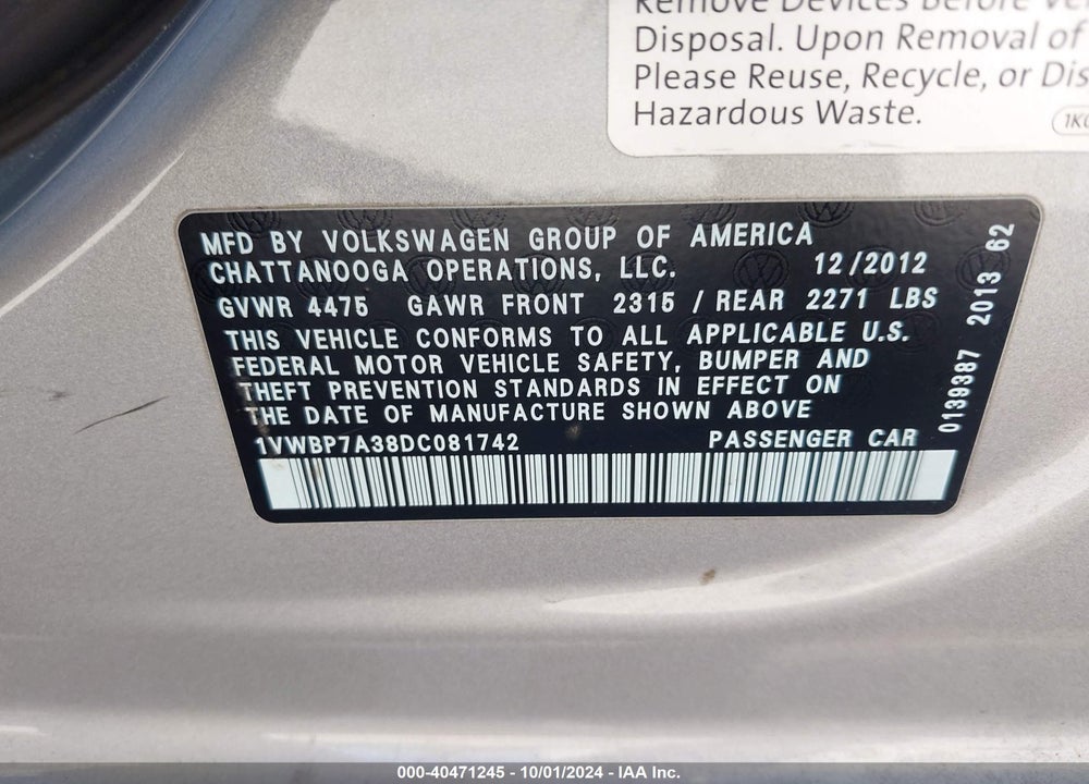 2013 VOLKSWAGEN PASSAT 2.5L SE VIN: 1VWBP7A38DC081742