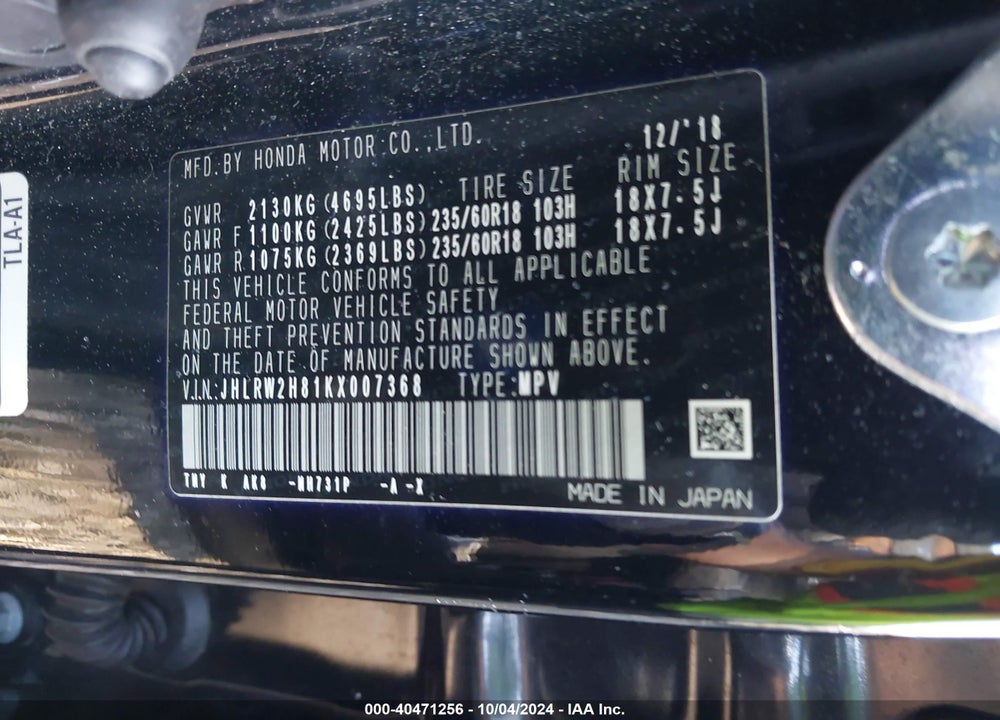 2019 HONDA CR-V EX-L VIN: JHLRW2H81KX007368