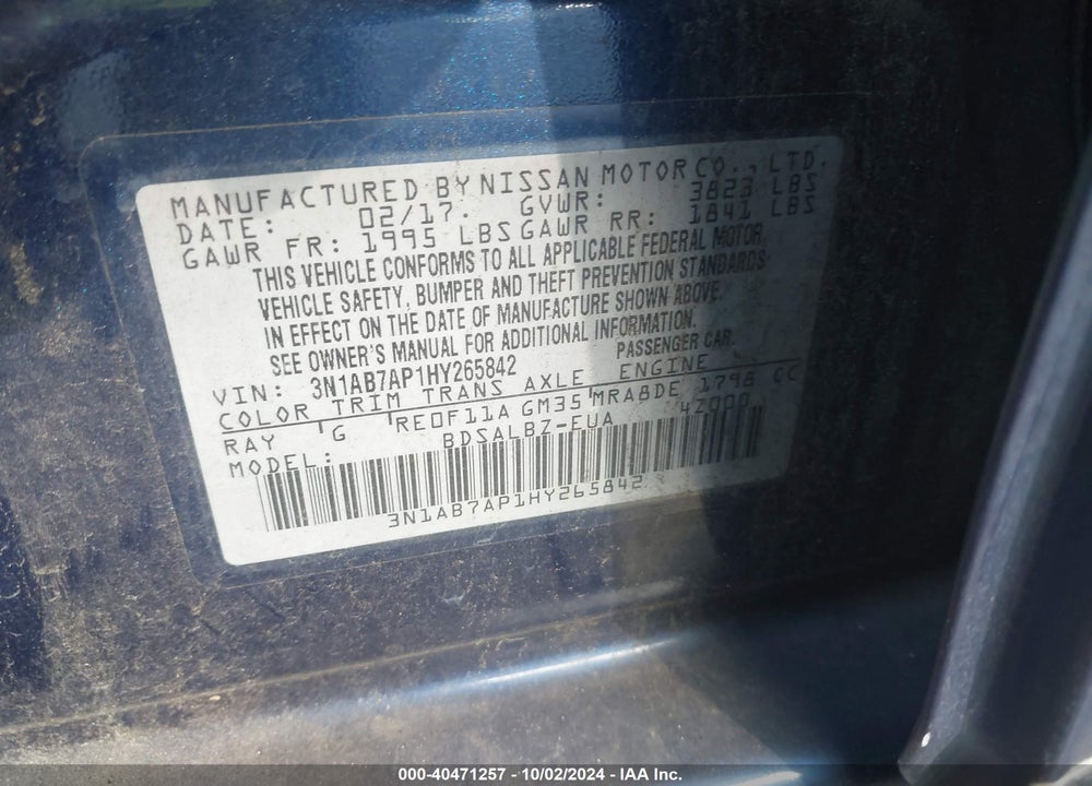 2017 NISSAN SENTRA S VIN: 3N1AB7AP1HY265842