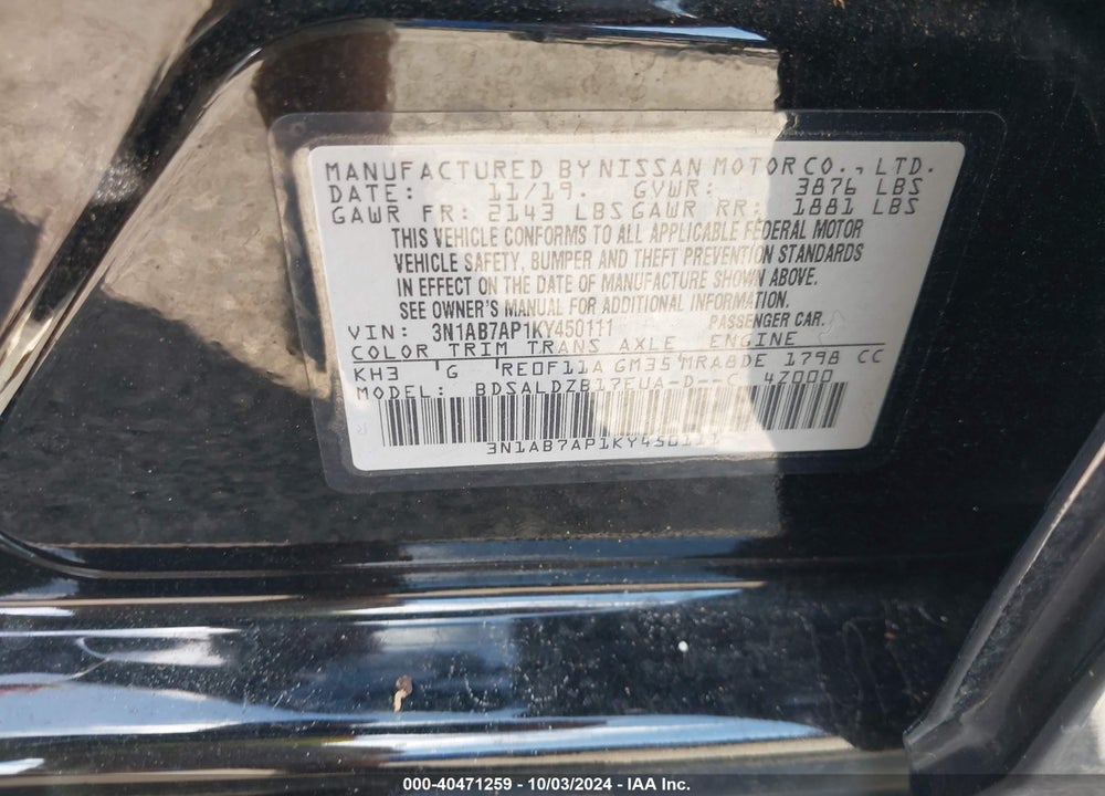 2019 NISSAN SENTRA SV VIN: 3N1AB7AP1KY450111