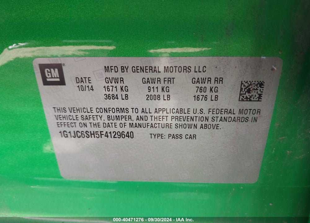 2015 CHEVROLET SONIC LT AUTO VIN: 1G1JC6SH5F4129640