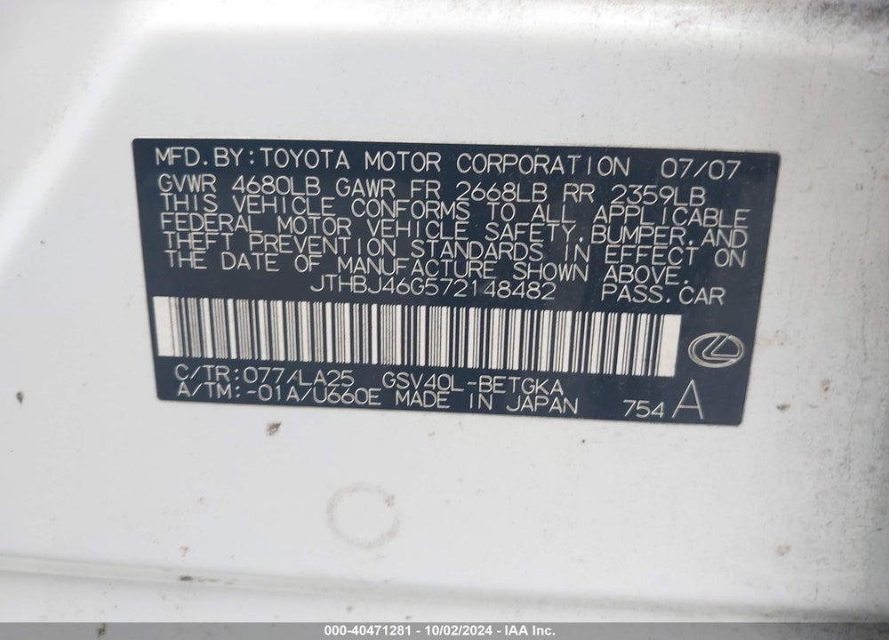 2007 LEXUS ES 350 VIN: JTHBJ46G572148482