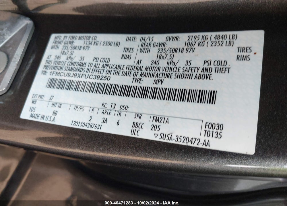 2015 FORD ESCAPE TITANIUM VIN: 1FMCU9J9XFUC39250