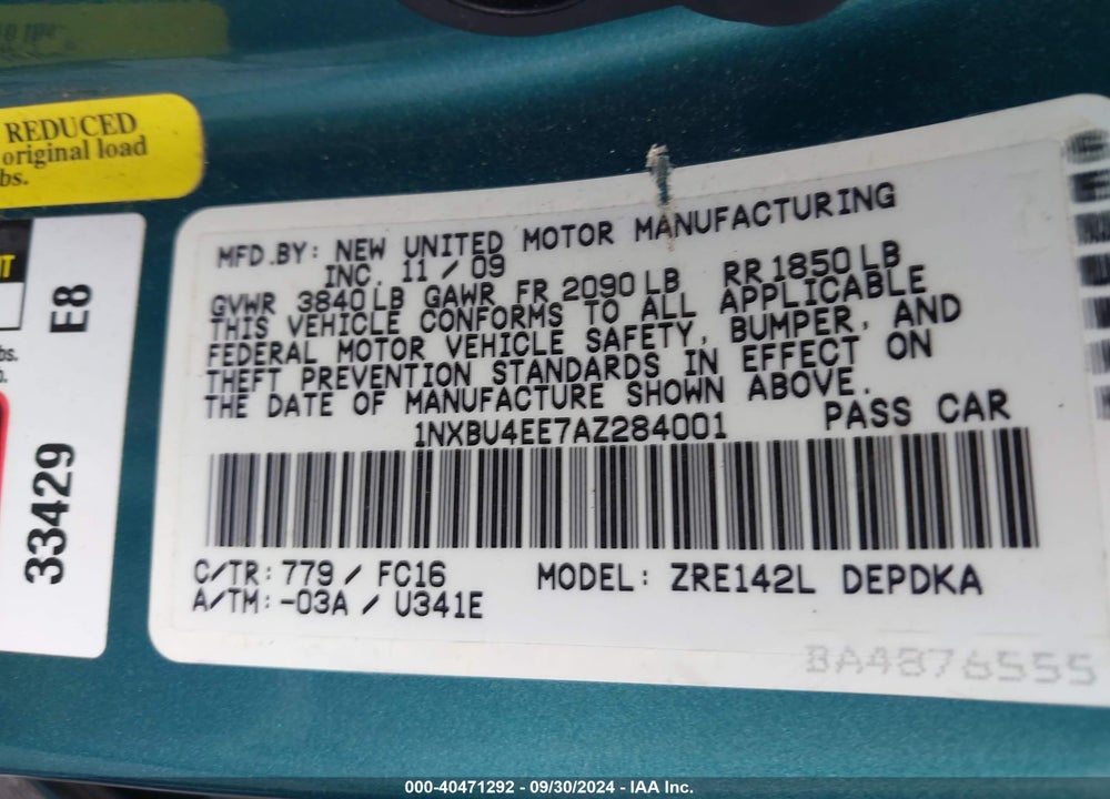 2010 TOYOTA COROLLA LE VIN: 1NXBU4EE7AZ284001