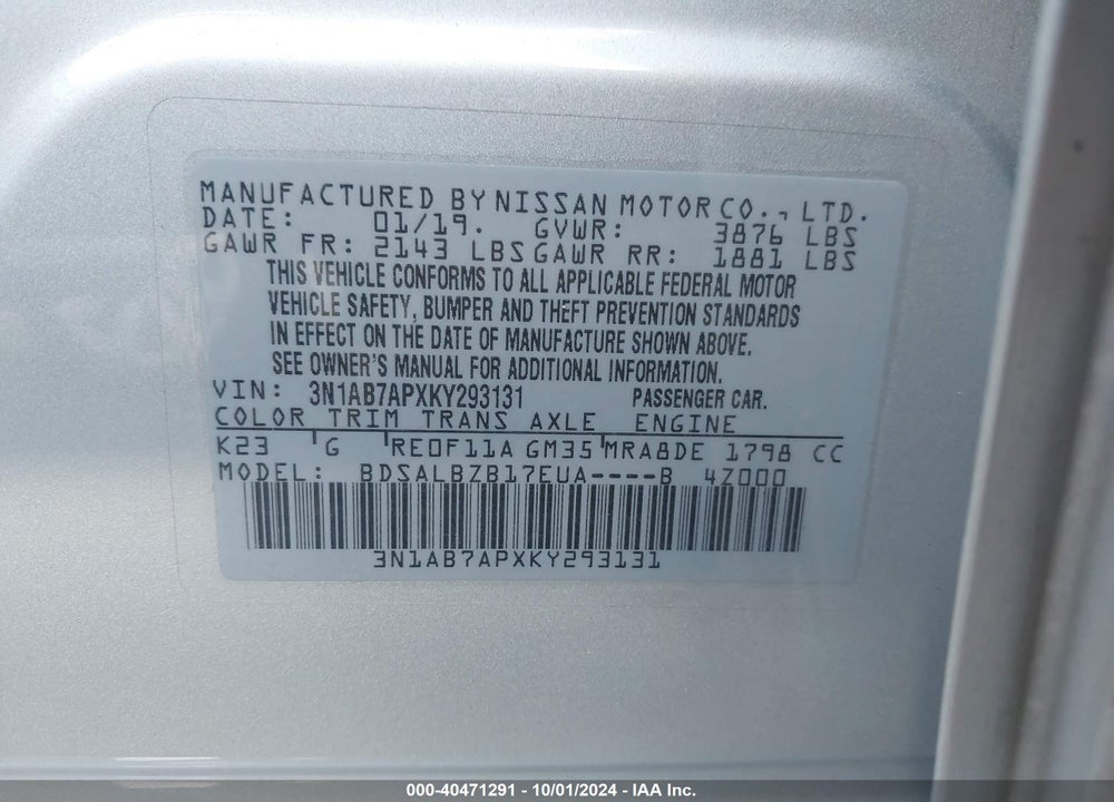 2019 NISSAN SENTRA S VIN: 3N1AB7APXKY293131