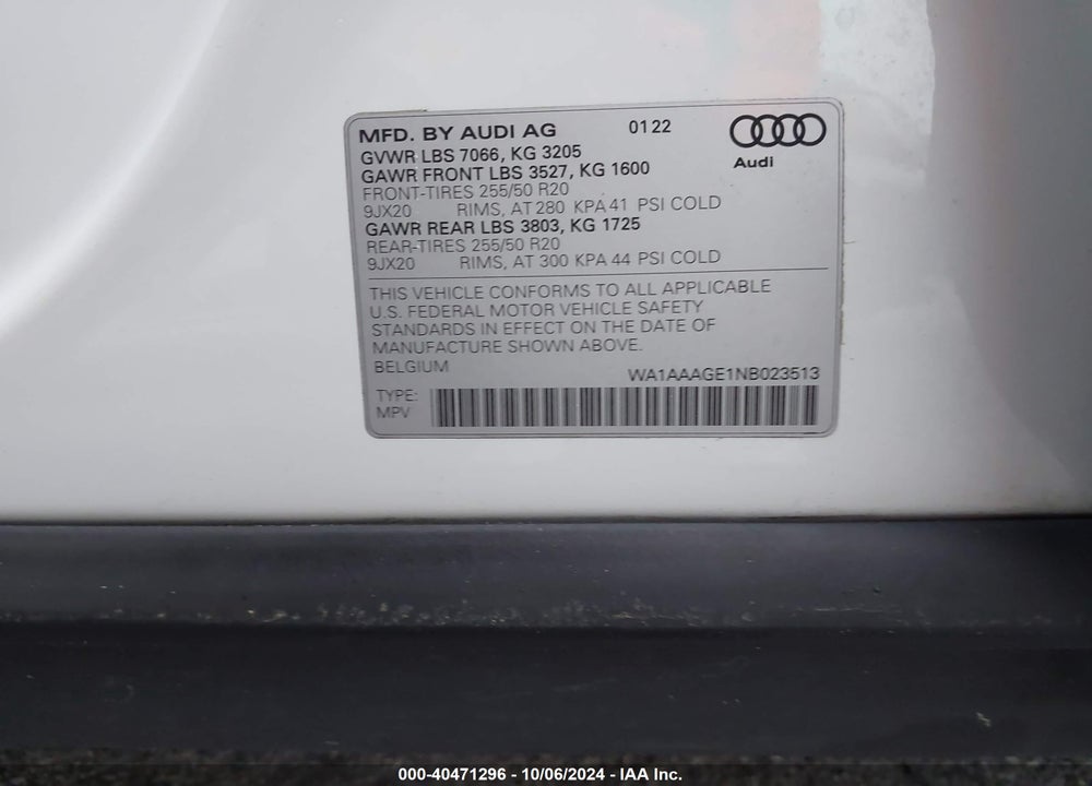 2022 AUDI E-TRON PREMIUM QUATTRO VIN: WA1AAAGE1NB023513