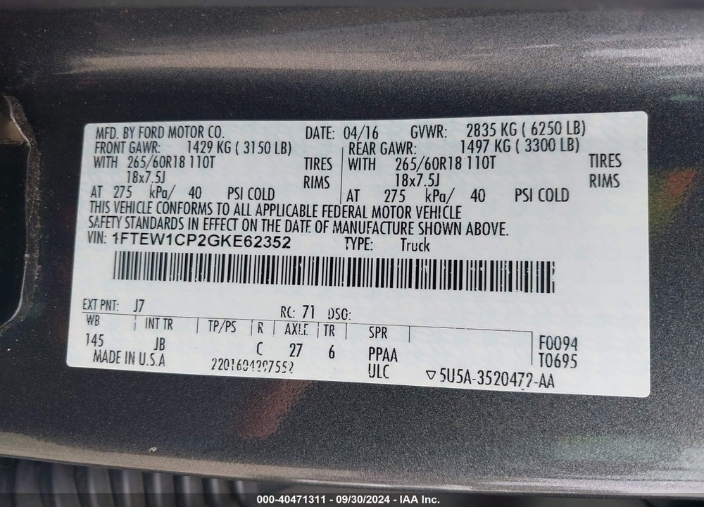 2016 FORD F-150 XLT VIN: 1FTEW1CP2GKE62352