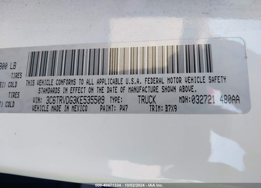 2019 RAM PROMASTER 2500 HIGH ROOF 159 WB VIN: 3C6TRVDG3KE535509