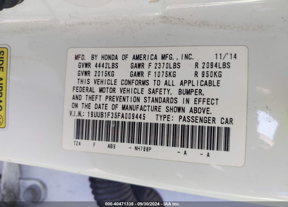 2015 ACURA TLX VIN: 19UUB1F35FA009445