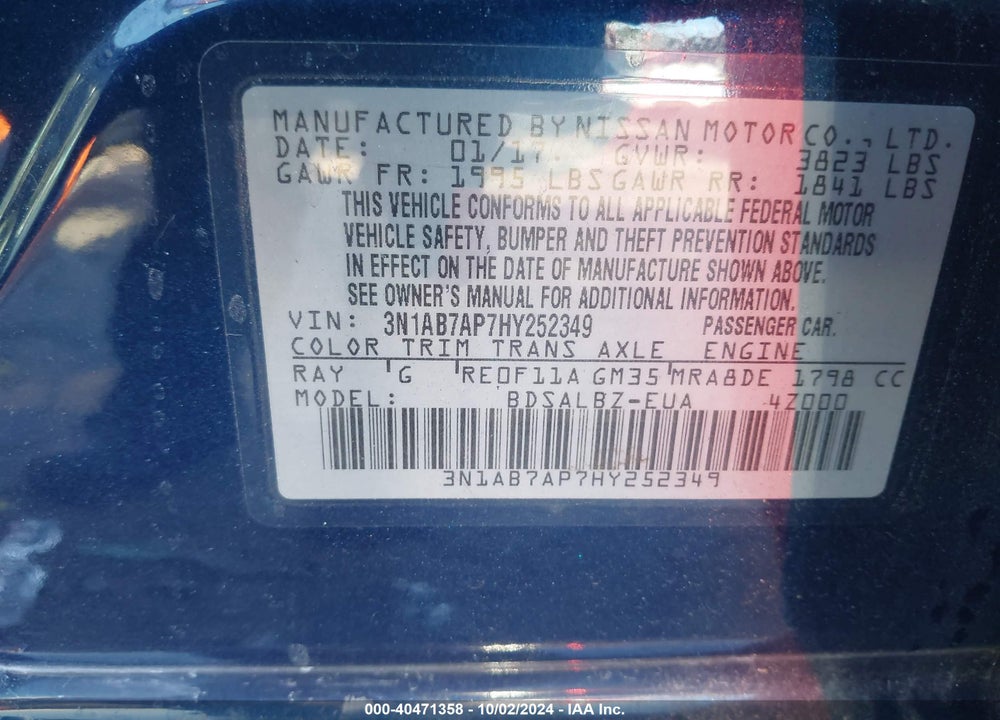 2017 NISSAN SENTRA S VIN: 3N1AB7AP7HY252349