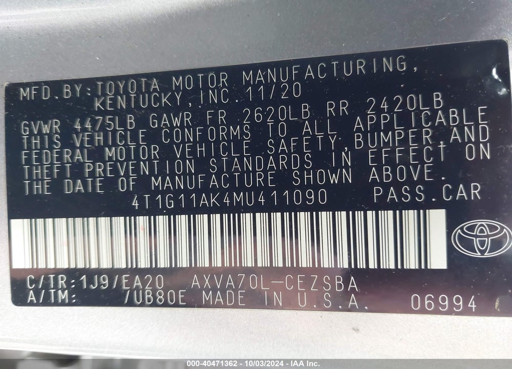 2021 TOYOTA CAMRY SE VIN: 4T1G11AK4MU411090