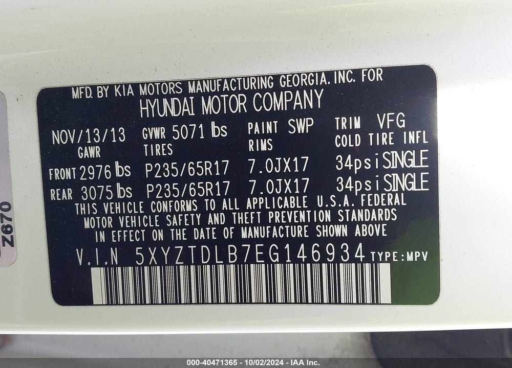 2014 HYUNDAI SANTA FE SPORT 2.4L VIN: 5XYZTDLB7EG146934