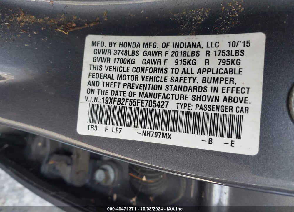 2015 HONDA CIVIC LX VIN: 19XFB2F55FE705427