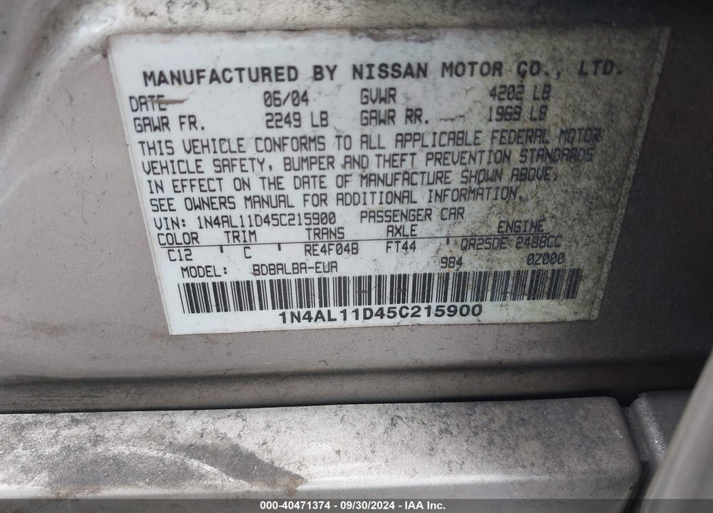 2005 NISSAN ALTIMA 2.5 S VIN: 1N4AL11D45C215900