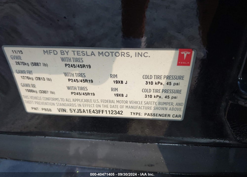 2015 TESLA MODEL S 85D/P85D VIN: 5YJSA1E43FF112342