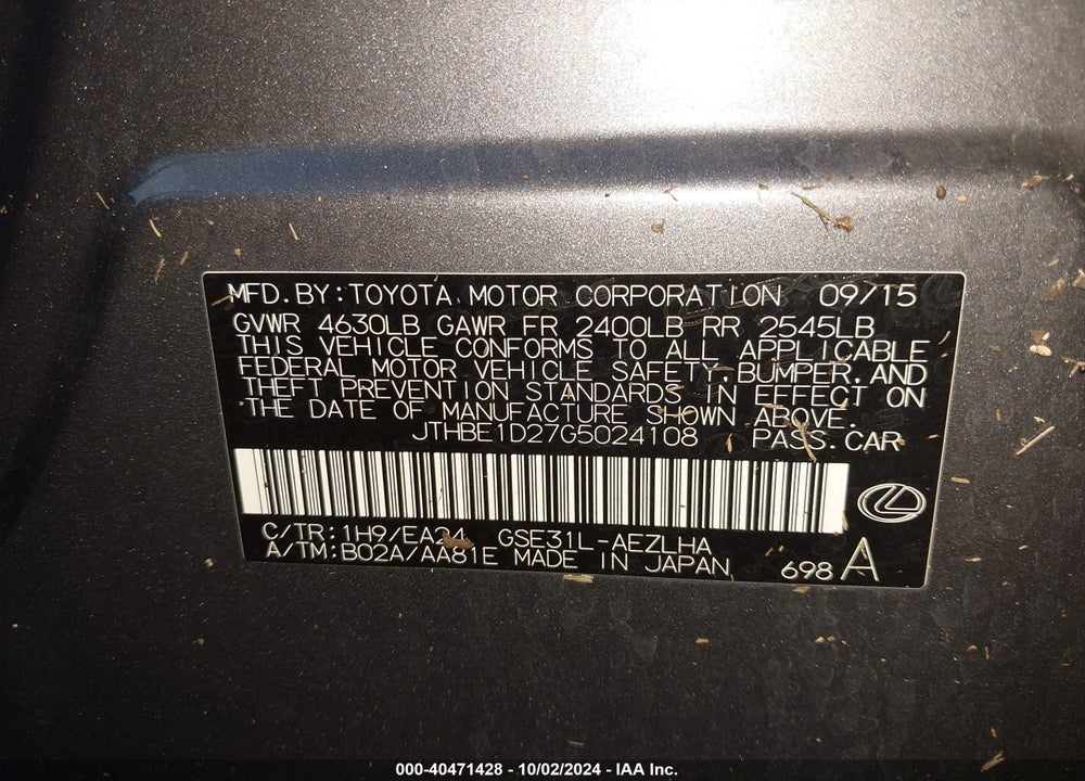 2016 LEXUS IS 350 VIN: JTHBE1D27G5024108