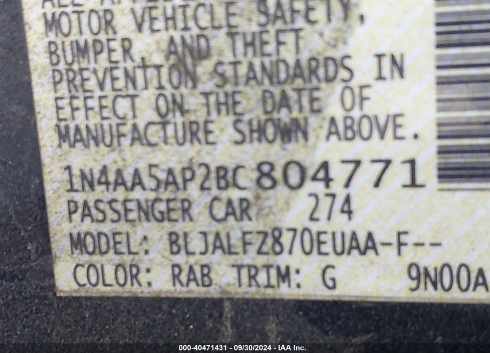 2011 NISSAN MAXIMA 3.5 SV VIN: 1N4AA5AP2BC804771