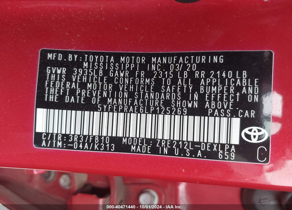 2020 TOYOTA COROLLA LE VIN: 5YFEPRAE6LP125269