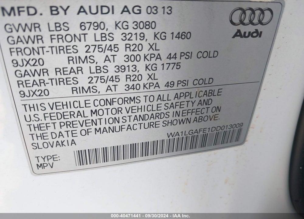 2013 AUDI Q7 3.0T PREMIUM VIN: WA1LGAFE1DD013009