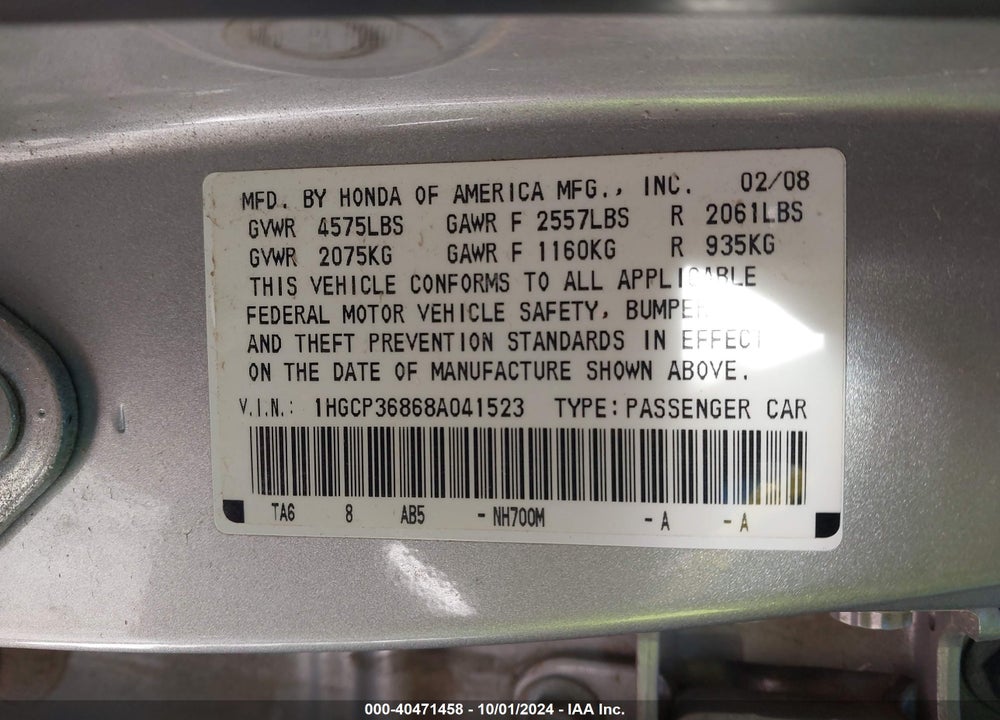 2008 HONDA ACCORD 3.5 EX-L VIN: 1HGCP36868A041523