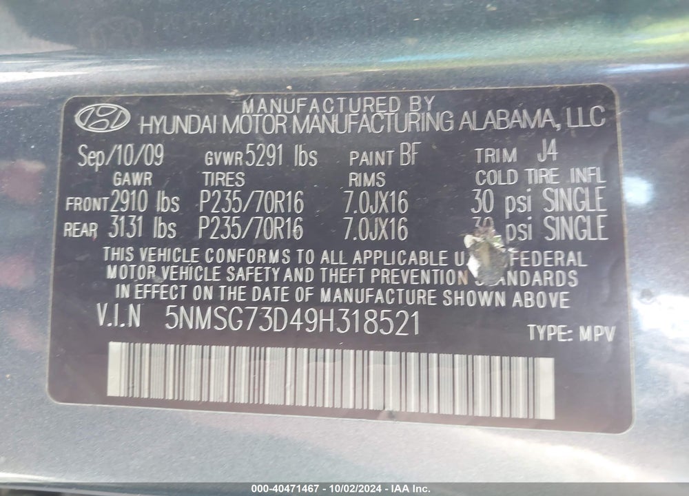 2009 HYUNDAI SANTA FE GLS VIN: 5NMSG73D49H318521