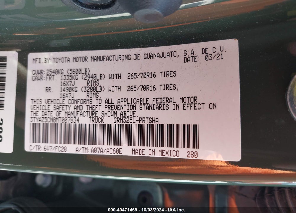 2021 TOYOTA TACOMA SR5 V6 VIN: 3TYAZ5CN8MT007834