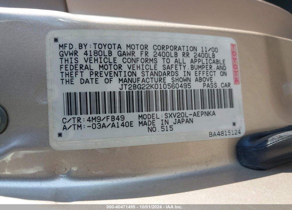 2001 TOYOTA CAMRY LE VIN: JT2BG22K010560495
