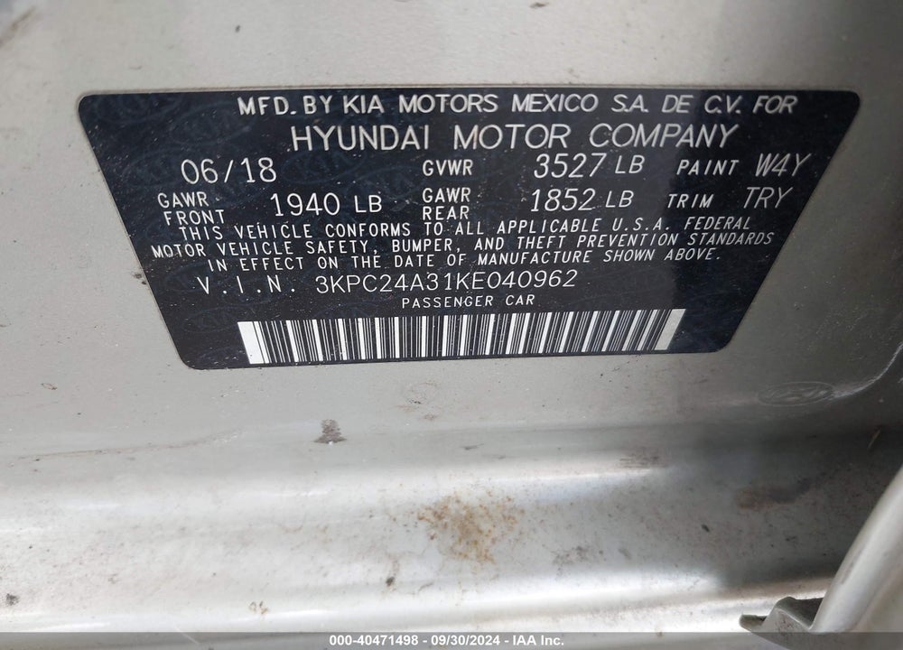 2019 HYUNDAI ACCENT SE VIN: 3KPC24A31KE040962