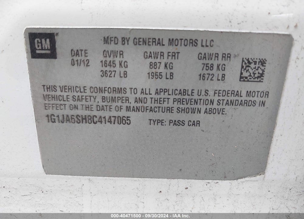 2012 CHEVROLET SONIC 2LS VIN: 1G1JA6SH8C4147065