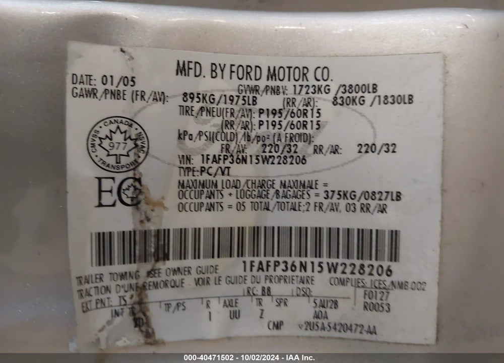 2005 FORD FOCUS ZXW VIN: 1FAFP36N15W228206