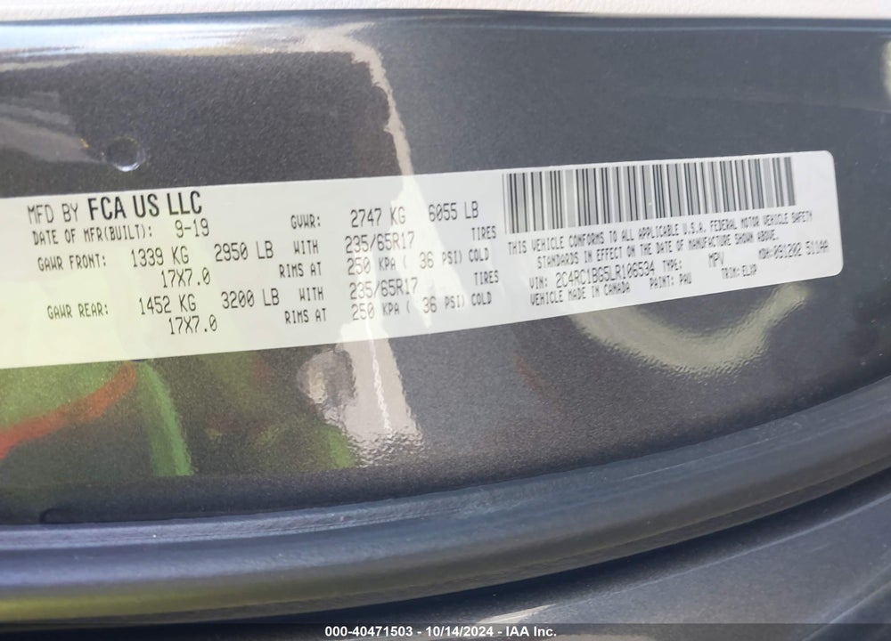 2020 CHRYSLER PACIFICA TOURING L VIN: 2C4RC1BG5LR106534