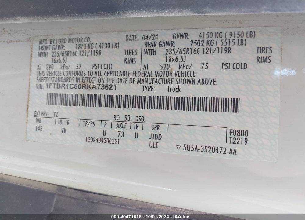 2024 FORD TRANSIT-250 CARGO VAN VIN: 1FTBR1C80RKA73621