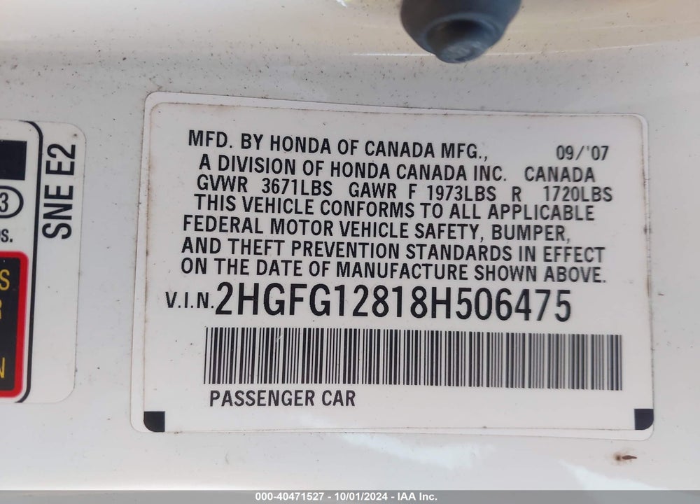 2008 HONDA CIVIC EX VIN: 2HGFG12818H506475