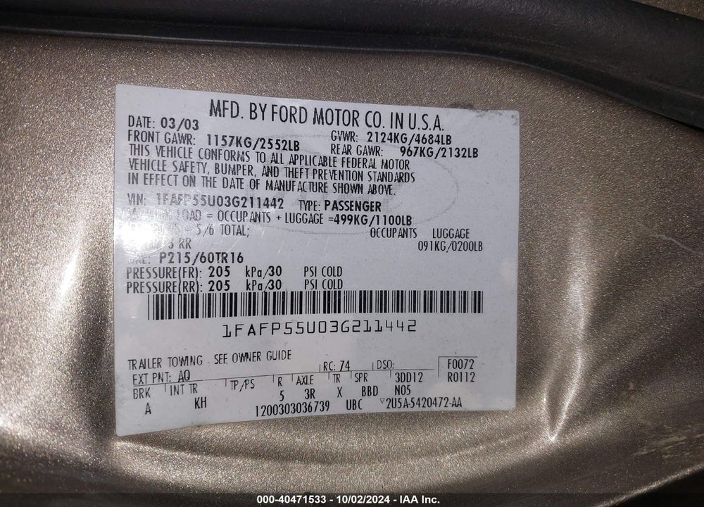 2003 FORD TAURUS SES VIN: 1FAFP55U03G211442