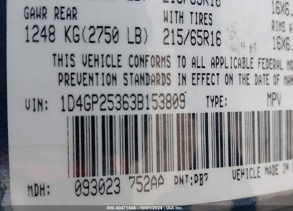 2003 DODGE CARAVAN SE VIN: 1D4GP25363B153809